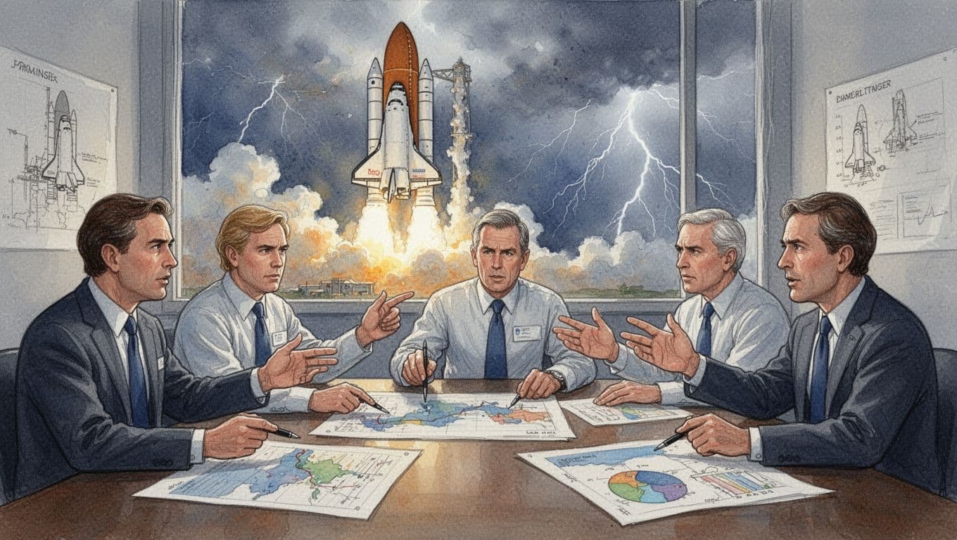 Dramatic watercolor scene of 4-5 engineers in a tense meeting room pointing at charts, with one dissenting figure highlighted and a stormy sky outside the window, capturing the pressure moment before the Challenger disaster.