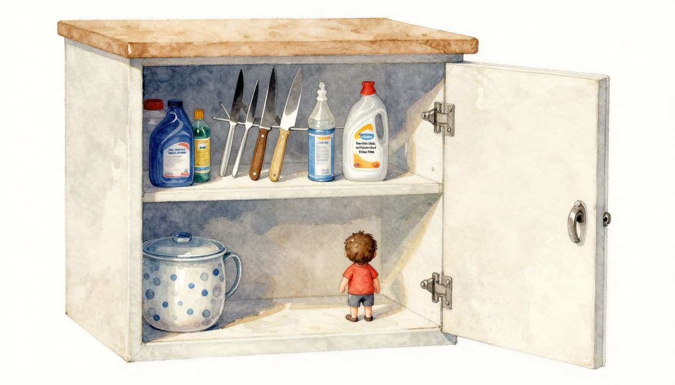 High locked cabinet in kitchen stores knives and cleaning chemicals out of reach of a child-sized figure below, emphasizing safe storage in watercolor style.