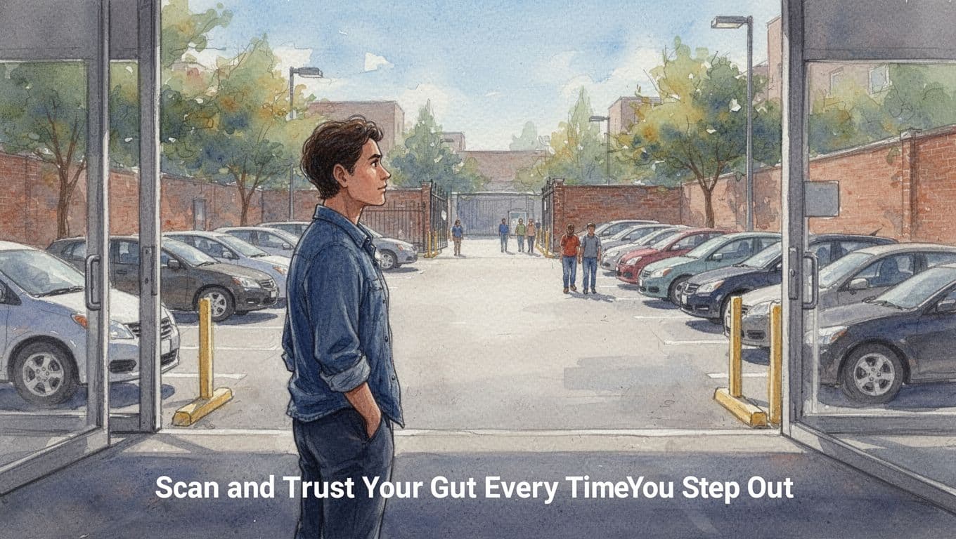 A confident person stands at the entrance of a parking lot in daylight, pausing to scan surroundings including distant alleys, parked cars, and far-away people, rendered in watercolor style with soft blending.