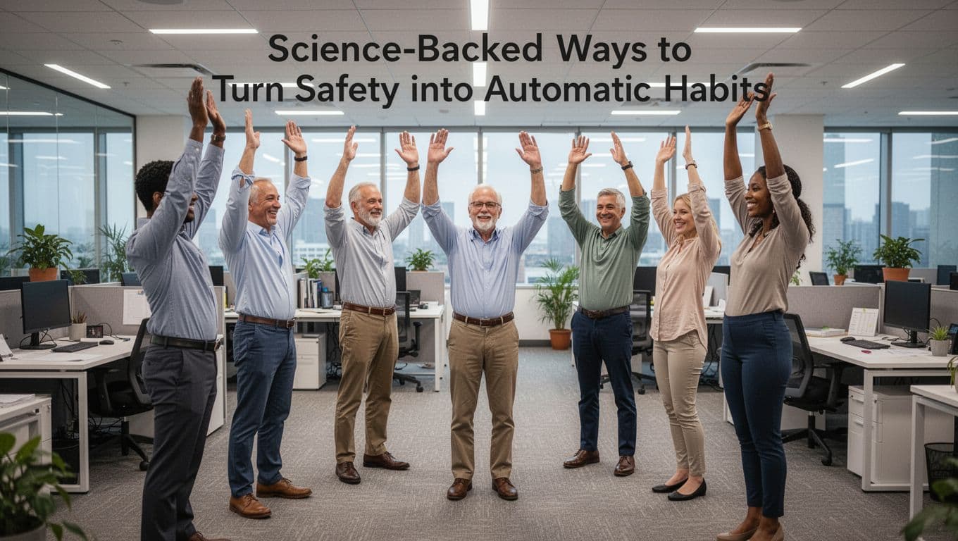 Four diverse coworkers—two men and two women of varying ages—stand in a circle in a modern office, arms raised during a quick safety stretch break to build automatic safety habits.