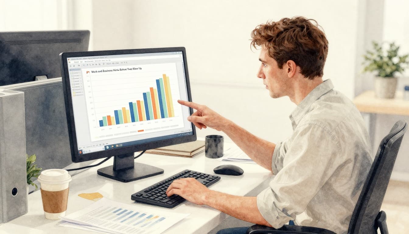 An office worker at a desk intently reviews charts on a computer screen, noticing a small anomaly in supply chain data with a concerned expression and finger pointing at the edge. Watercolor style illustration featuring soft blending, visible brush texture, and a simple modern office setting with papers and coffee nearby.