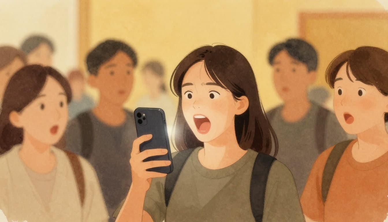 A person yells while holding a phone with its flashlight on in a crowded indoor event, drawing surprised looks from blurred onlookers. Watercolor style features soft blending, visible brush texture, warm yellow-orange tones, and desaturated palette.